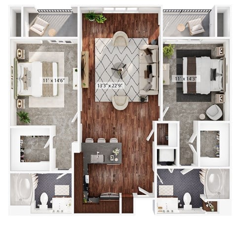 Floor plan for 2 beds, 2 baths, 1281 sqft